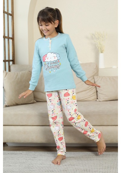 Miniğimin Cicileri Bulut Baskılı Düğmeli Kız Çocuk Pijama Tak... Mavi