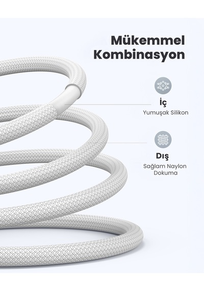 Ugreen Usb-c 100w 3a Qc Pd Silikon Örgülü Hızlı Şarj Kablosu, 1 Metre, Beyaz, 15267
