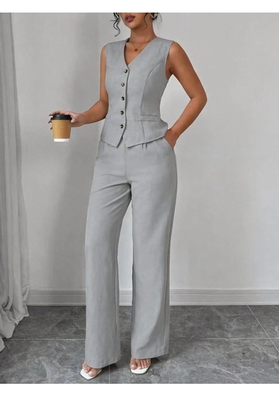 Defymoda Kadın Askılı Önden Düğmeli Bluz Ve Pantolon Keten Ikili Takım Gri