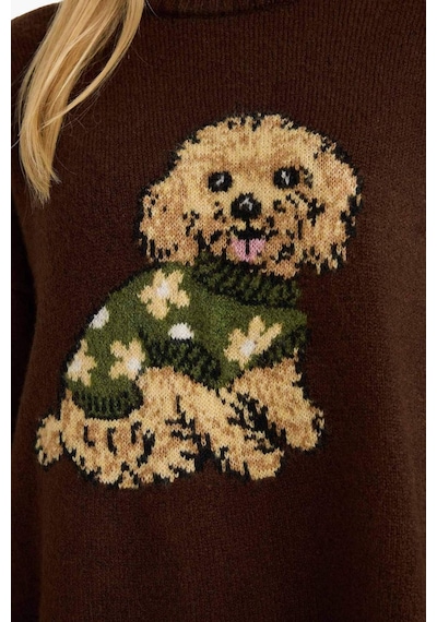 Defacto Regular Fit Bisiklet Yaka Köpek Desenli Triko Kazak G6225ax25wnbn304 Kahve-bn304
