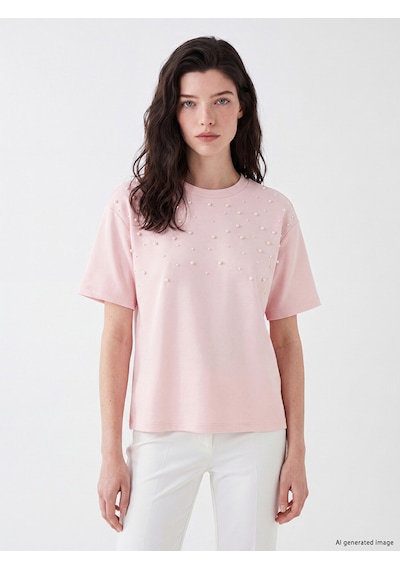 Lcw Comfort Pembe Boncuk İşlemeli Soft Touch Kadın Tişört