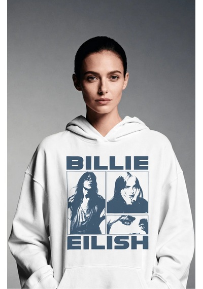 Sevbano Billie Eilish Şarkıcı Sırt Baskılı Unisex Oversize Premium Hoodie beyaz