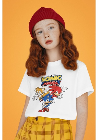 Sevbano Sonic Mania Baskılı Unisex Çizgi Film Çocuk Tişört 1-12 Yaş Beyaz