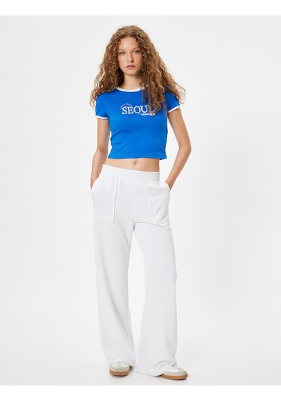 Koton Slogan Baskılı Tişört Bisiklet Yaka Biyeli Kısa Kollu Slim Fit Mavi 4sal11229ık Mavi