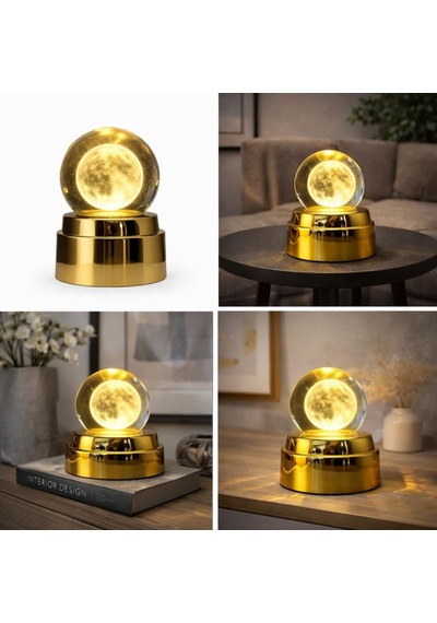 Deinhaus Kristal Küre Ay Lambası, Altın Renkli Taban, Led Işıklı, Masa Lambası, 15 Cm, Sıcak Beyaz Işık Diğer