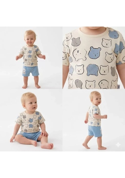 Pekminibebe 9/24 Ay Ayıcık Baskılı Şortlu Bebek Takımı Mavi
