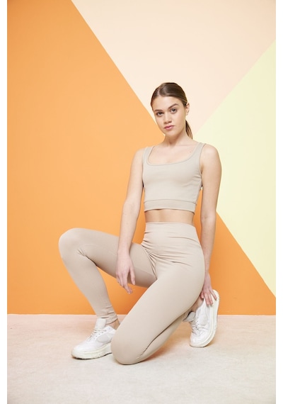 Thıff Gymwear Haki Yüksek Bel Fitilli Toparlayıcı Interlok Örme Spor Dar Paça Kadın Tayt Bej