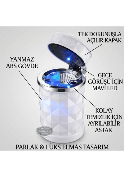 Üniversal Kristal Pırlanta Taş Görünümlü Mavi Led Işıklı Lüx Oto Küllük Kapaklı Spor Araç İçi Küllük Araba Küllüğü Beyaz
