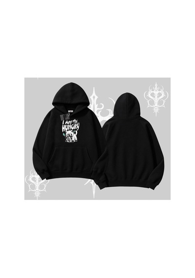 Tarzsokak Am Hungry Kedi Baskılı Kapşonlu Sweatshirt Siyah