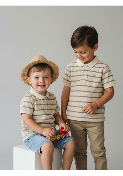 Zekids Erkek Çocuk Yakalı Yarım Kollu Düğmeli Triko T-shirt-16804 Bej