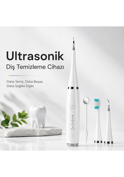 Ahm Ultrasonik Diş Temizleme Cihazı Şarjlı Diş Taşı Temizleyici Usb Type-c 42.000 Rpm Titreşimli Ultra Sonic Ipx8 Su Geçirmez 3 Başlıklı Diş Bakım Seti