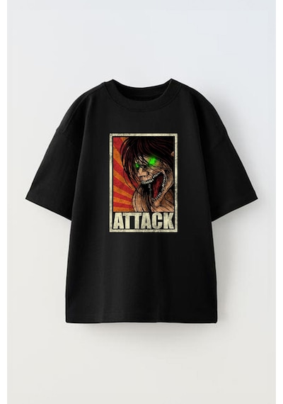 Thewert Unisex Attack On Titan Tasarım Baskılı Pamuk Sıyah Oversize T-shirt Siyah