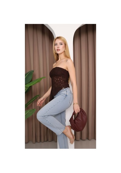 Moda Banuş Straplez Yaka Dantelli Asimetrik Body Kahverengi Gri