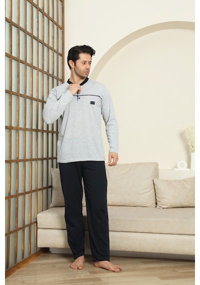 Enisena Erkek %100 Pamuklu Pijama Takımı-robalı Ve 3 Düğmeli-12489 Gri