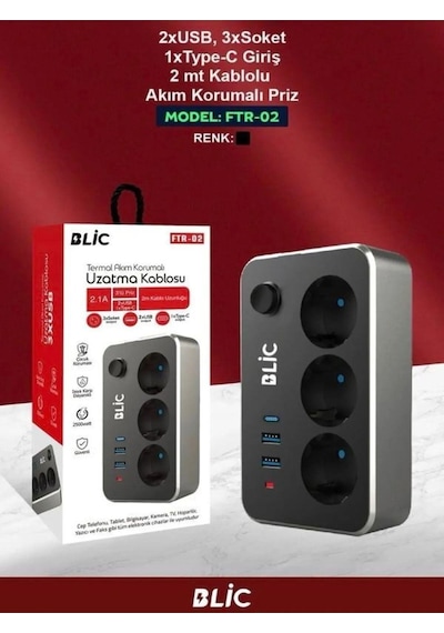 Byars-sigortalı Termal Akım Korumalı Güvenli Priz 2 Metre Kablo Anahtarlı 1xpd Type-c 2xusb Çoklu-byars 1