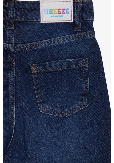 Breeze Kız Çocuk Jean Pantolon Cepli Düğmeli 9-14 Yaş, Koyu Mavi KOYU MAVİ