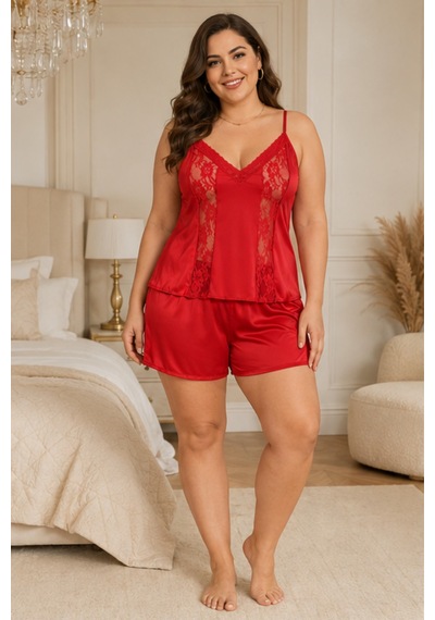 Loule Büyük Beden Kırmızı Yan Dantelli Saten Şortlu Pijama Takımı