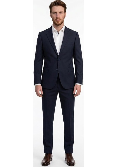 Uki Lacivert Comfort Fit , Mono Yaka, 2 Düğme Çift Yırtmaç Çizgili Klasik Takım Elbise