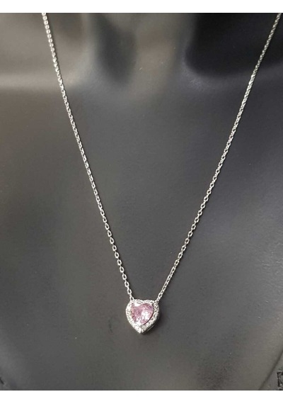 Swarovski Pembe Kalp Taşlı  S Model Gümüş Kolye