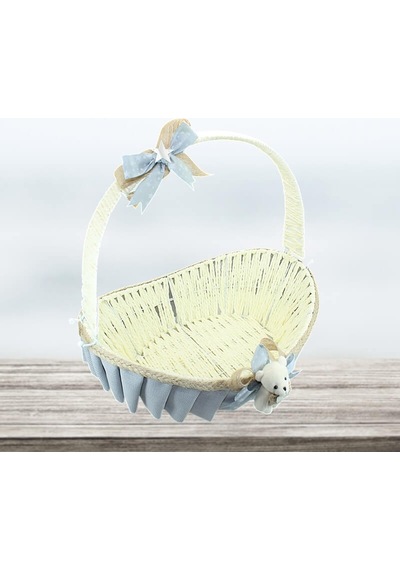 Saplı Oval Kumaş Süslü Sepet 36 Cm Orta Boy Gri