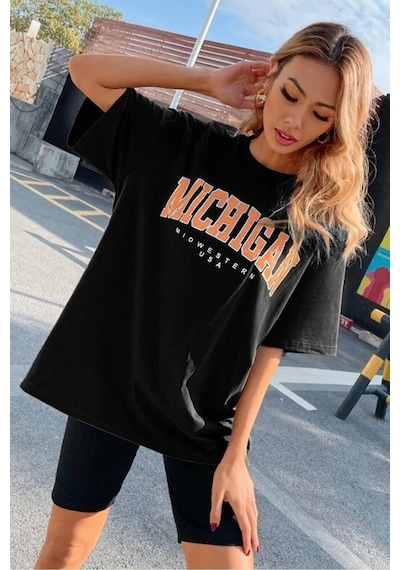 Blackjack Giyim Kadın Siyah Oversize Michigan Baskılı T-shirt Siyah