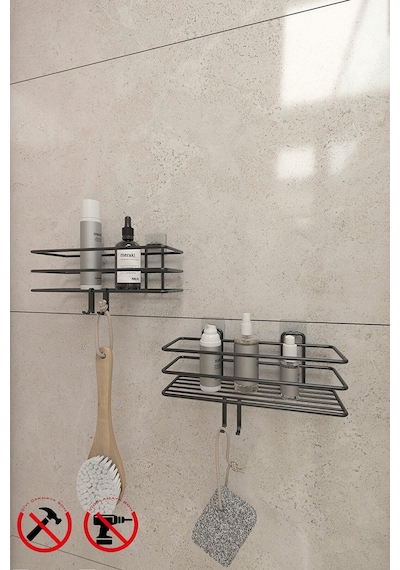 Alper Banyo Yapışkanlı Kancalı 2 Adet Banyo Rafı Banyo Duş Askısı Mat Siyah