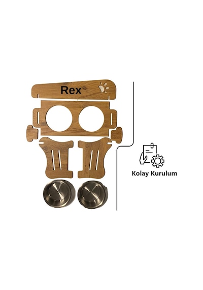 Realwood Ahşap Kademeli Eğimli Çelik Kaseli Kedi Köpek Mama Su Kabı 400 ML