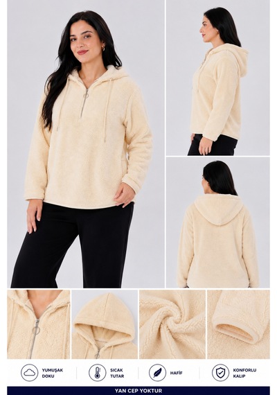 Gülmina Moda Kadın Çift Taraflı Wellsoft Yarım Fermuarlı Kapişonlu Sweat - Krem