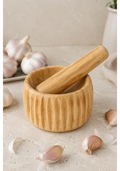 Doğal Bambu Çizgili Havan Ve Tokmak Seti 11x6.5 Cm - Sarımsak Baharat Ezici Ve Öğütücü Ahşap Havan Takımı