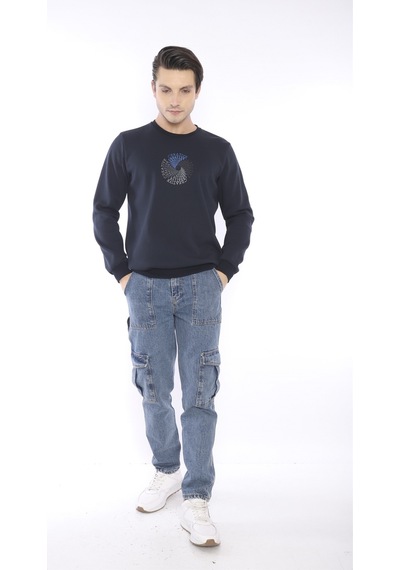 Escetic Erkek Spor Slimfit, Bisiklet Yaka Lacivert Sweatshirt-426 Lacivert