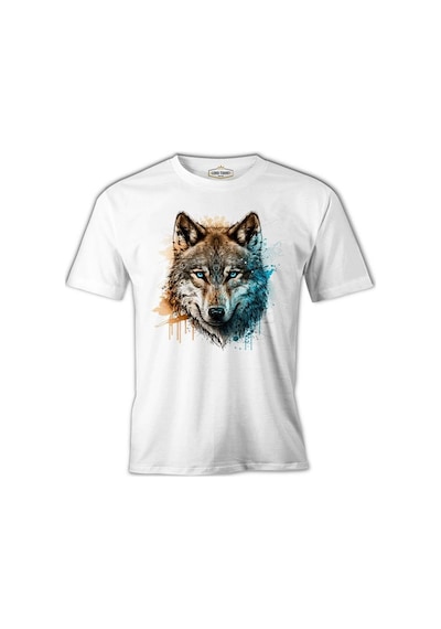 A Wolf With Blue And Yellow Paint Beyaz Erkek Tshirt 001