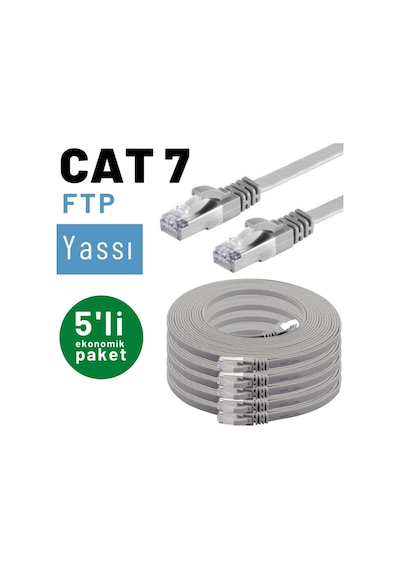 5 adet IRENIS CAT7 Kablo Yassı FTP Ethernet Kablosu, 2 mt Gri