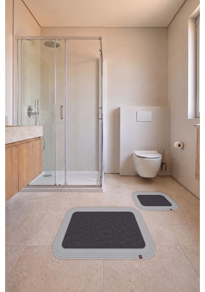 Banyo Paspası Takımı 70x110+50x70 Cm Düz Antrasit Gri & Gümüş Gri