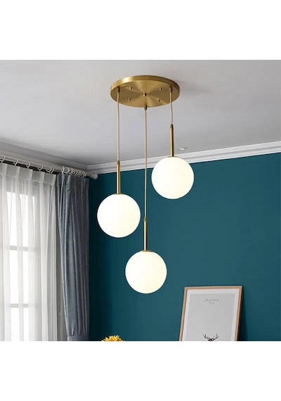 Rsylight Rustik Dekoratif Metal Modern Eskitme Kaplama Opal Camlı 3 Lü Avize Eskitme