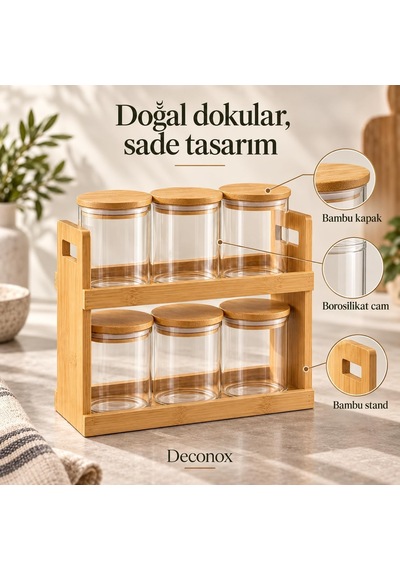 Bambu Standlı 6'li Borosilikat Cam Baharatlık Seti, Her Kavanoz 300 Ml, Bambu Kapaklı, 2 Katlı Baharat Rafı, Yan Tutma Açıklıklı Tezgah Üstü Mutfak Düzenleyici Diğer