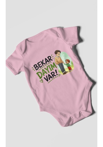 Morivokids Bekar Dayım Var Kısa Kollu Bebek Body %100 Pamuk Koyu Pembe