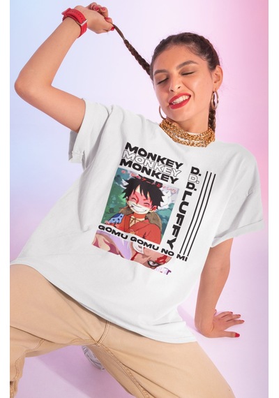 Sevbano Tasarım Monkey D. Luffy Gear 5 Baskılı Unisex Oversize Anime Dizi Beyaz