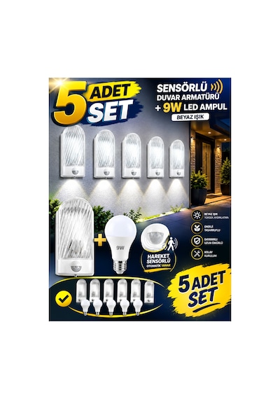 5 Adet Sensörlü Dış Cephe Duvar Apliği -ampul Dahil ,modern Ve Dekoratif Hareket Sensörlü Led Bahçe Ve Teras Armatürü Ip54 Su Geçirmez Sensörlü Lamba,sensörlü Duvar Lambası Beyaz