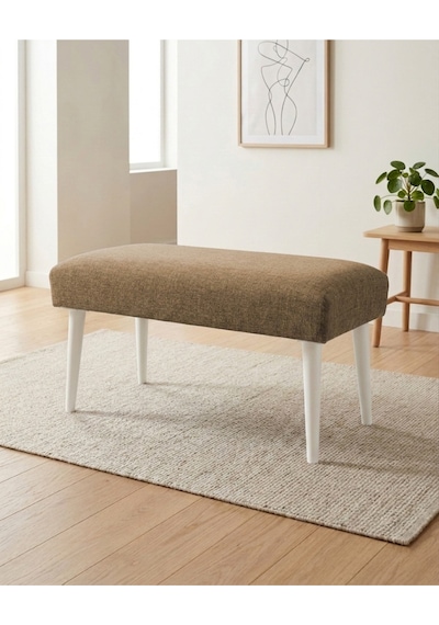 Kahverengi Keten Kumaş Bench Puf 90x45x46 Cm Ahşap Beyaz Ayaklı Demonte Modern Yatak Ucu Bench Oturma Bankı Antre Koridor Pufu