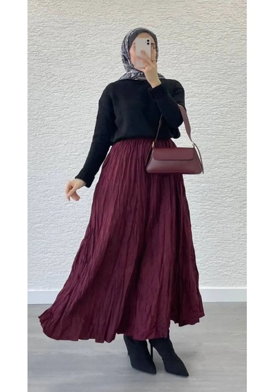 Bordo Crush Kırışık Uzun Etek Bordo