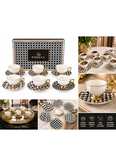 Premium Porselen 6 Kişilik Türk Kahvesi Fincan Takımı Gold Detaylı Modern Desenli Şık Hediye Seti Çok Renkli