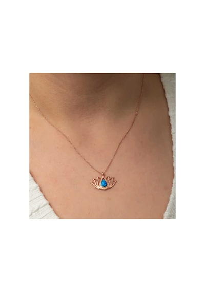 Gümüş Opal Taşlı Rose Lotus Çiçeği Kolye Gümüş Gümüş