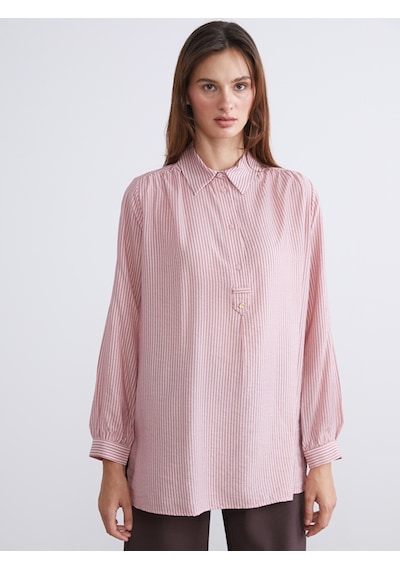 Lcwaıkıkı Classic Pembe Gömlek Yaka Çizgili Oversize Kadın Tunik
