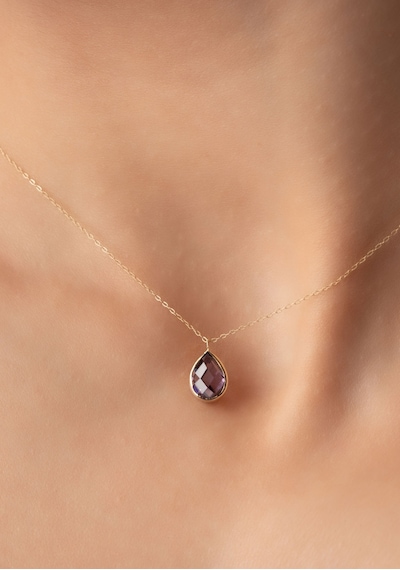 14 Ayar Altın Mor Taşlı Minimal Damla Kolye Sarı Altın