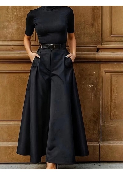 DefyModa Kadın Yüksek Bel Kemerli Double Kumaş Palazzo Pantolon Siyah