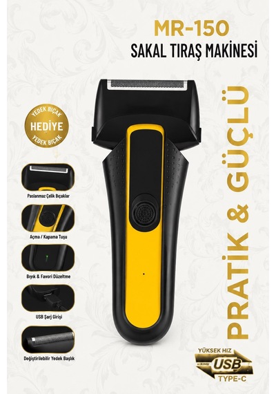 Jasper Mr-150 Sarı Şarjlı Yedek Başlıklı Sakal Tıraş Makinesi Erkek Kişisel Bakım Sinekkaydı Tıraş