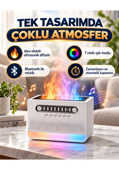 Alev Efektli Aroma Difüzör Beyaz Gürültü Sesli Hoparlörlü 7 Renk Led Işıklı Dekoratif Hava Nemlendirici Buhar Makinesi Ses Seviyesi Ayarlı
