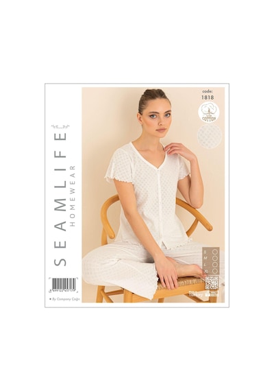 Seamlife Kadın %100 Pamuk Önü Düğmeli Kısa Kollu Pijama Takımı Ekru