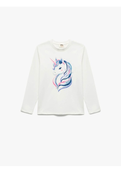 Koton Unicorn Baskılı Ekru Kız Çocuk Uzun Kollu T-shirt 7wkg10066ak