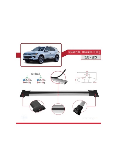 Ssangyong Korando C300 2019 Ve Sonrası İle Uyumlu Fly Model Ara Atkı Tavan Barı Gri
